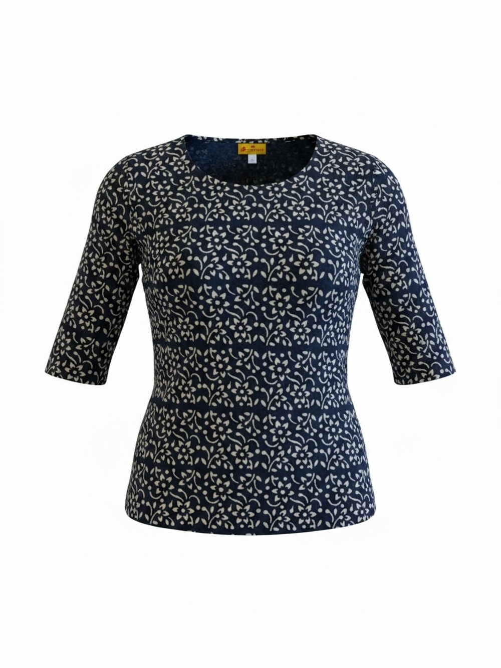 Handmade Thai Batik Floral Print Indigo & White Cotton Tunic Top w/ Half Sleeve